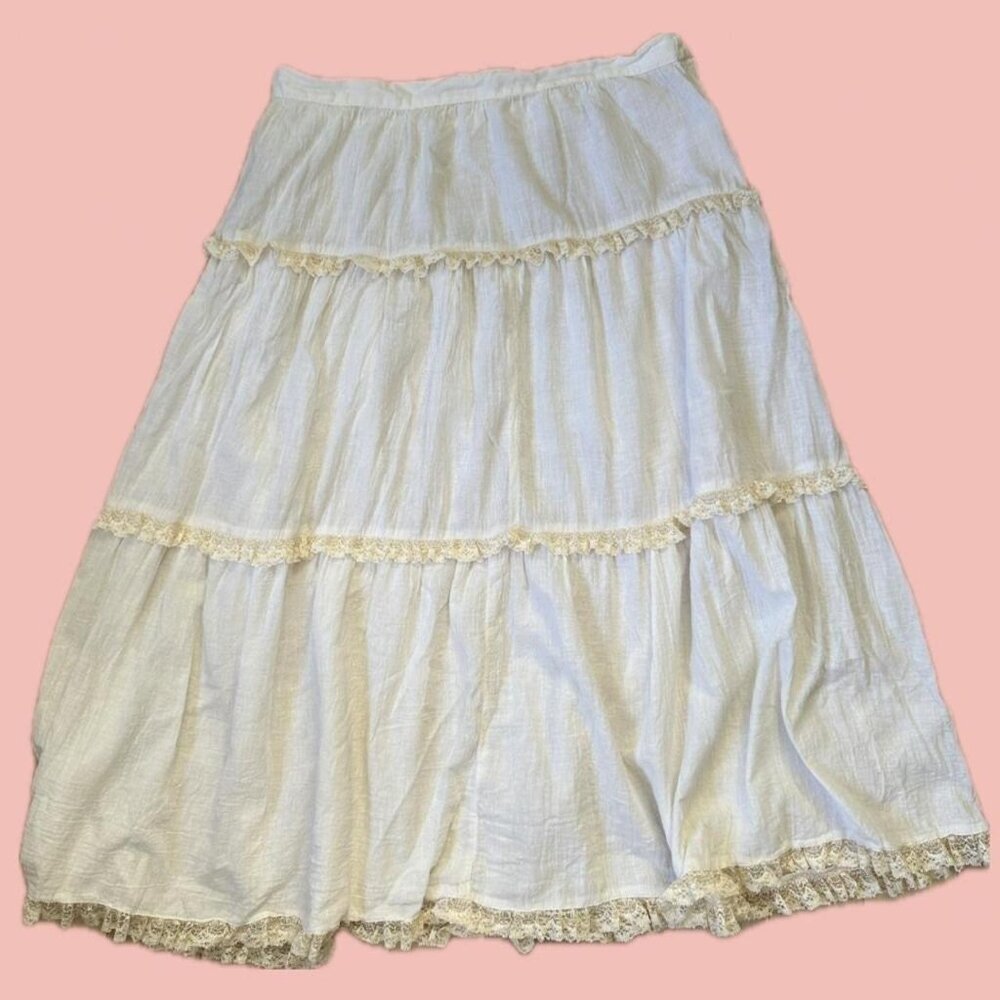90s Handmade Boho Skirt – Lace Trim, Flowy Sheer Midi